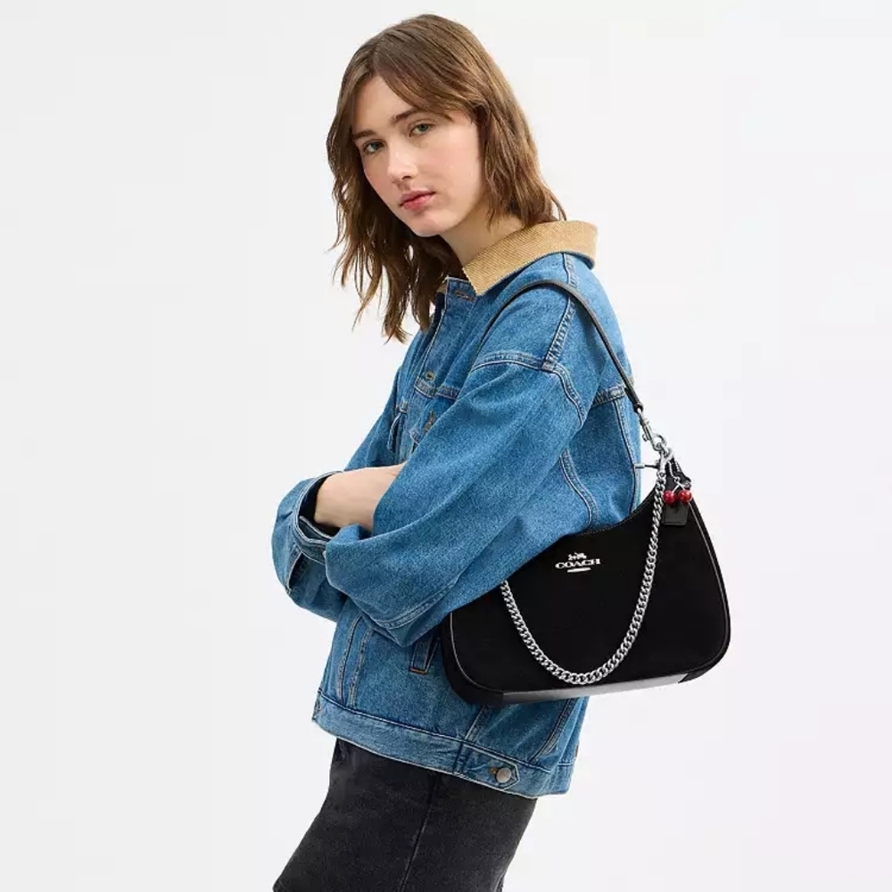 New! ☪️Coach Black Suede Teri Hobo Shoulder Bag With Red Cherry 🍒 Charm - Picture 8 of 12